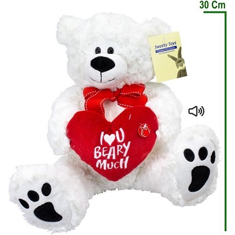PLUSH BEAR WHITE WITH HEART “BEARY MUCH” WITH SOUND 30CM